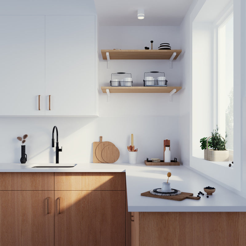 wall mounted open shelving system for the kitchen made from iron supports and classic oak wood