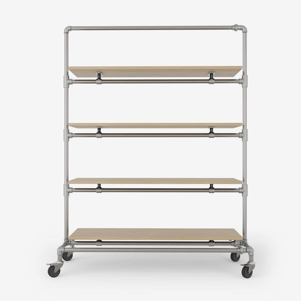 Clothes rack on wheels made with silver pipes and with shelves in classic oak